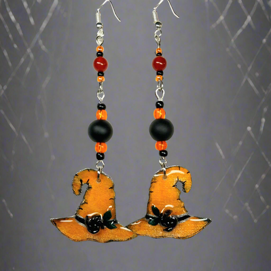 Handmade Orange Witch Hat Earrings With Carnelian Beads