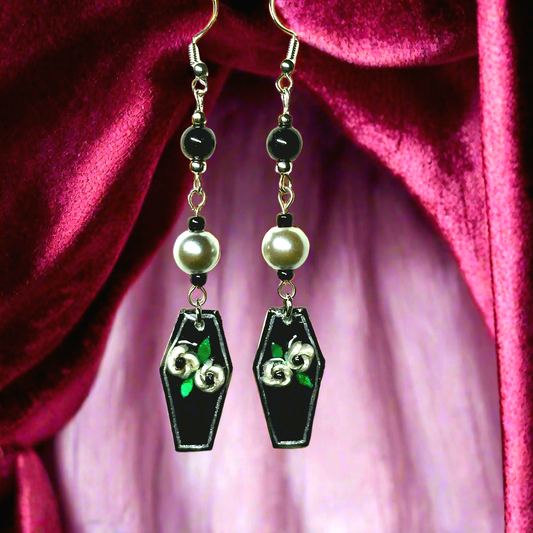 Handmade Silver Flower Coffin Earrings With Silver Colored Glass Beads