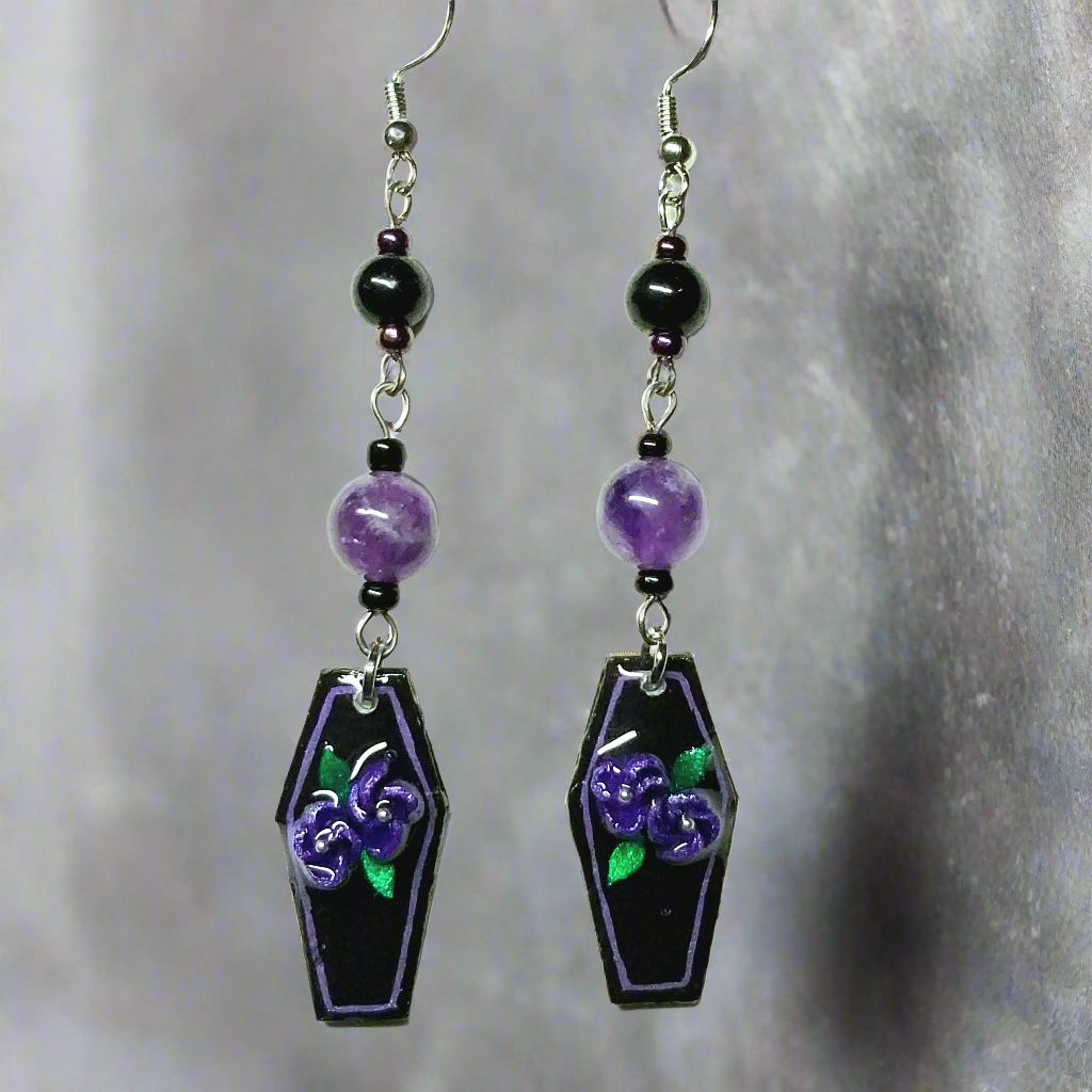 Handmade Purple Flower Coffin Earrings With Amethyst Colored Glass Beads