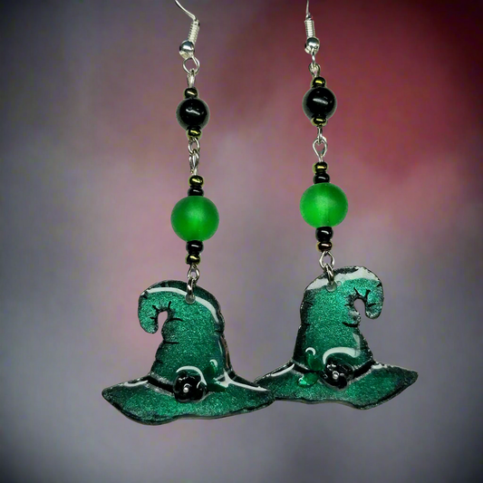 Handmade Green Witch Hat Earrings With Green Glass Beads