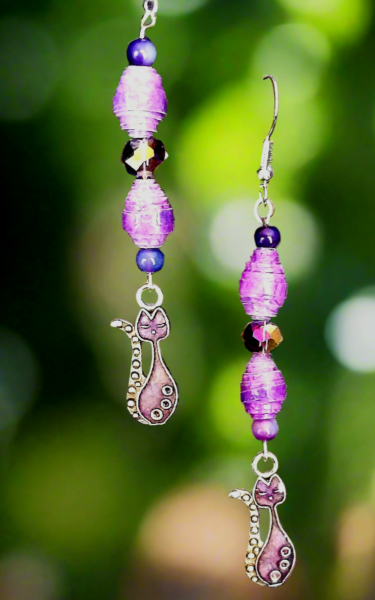 Cat Earrings With Violet Handmade Paper Beads