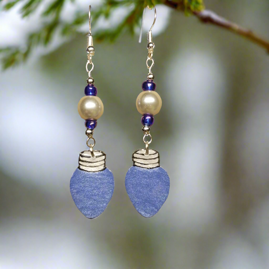 Hand-painted Blue Christmas Bulb Earrings With Glass Beads