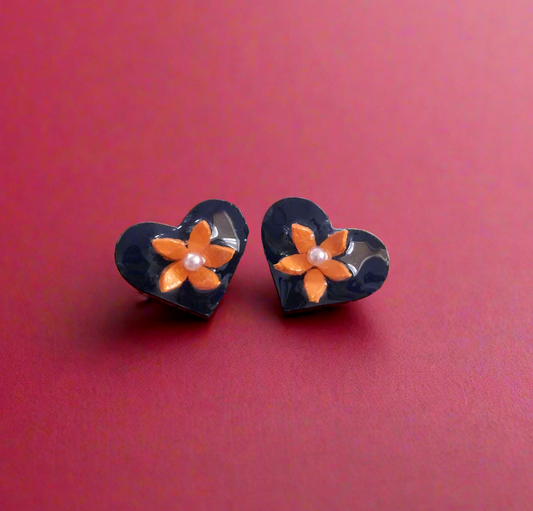 Orange Flower Heart Stud Earrings