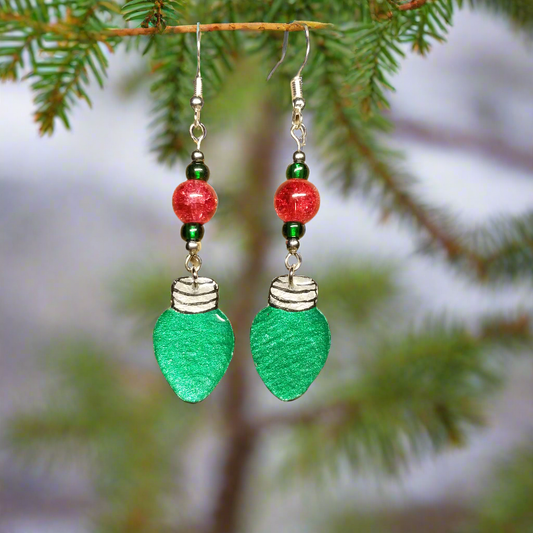 Hand-painted Green Christmas Bulb Earrings With Glass Beads