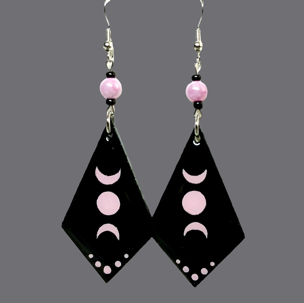 Handmade Pink Triple Moon Earrings With Glass Beads