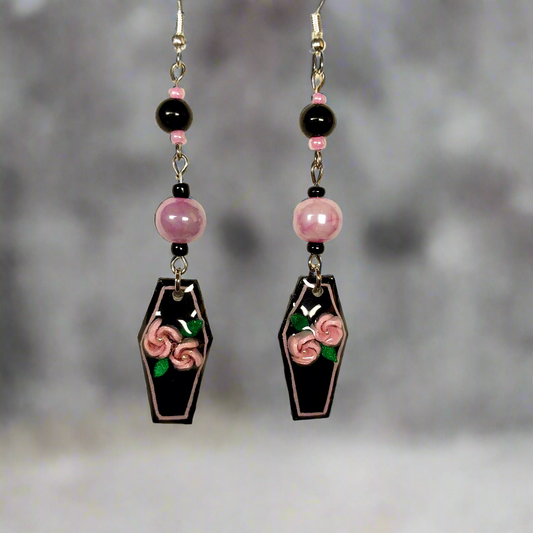 Handmade Pink Flower Coffin Earrings With Pink Glass Beads