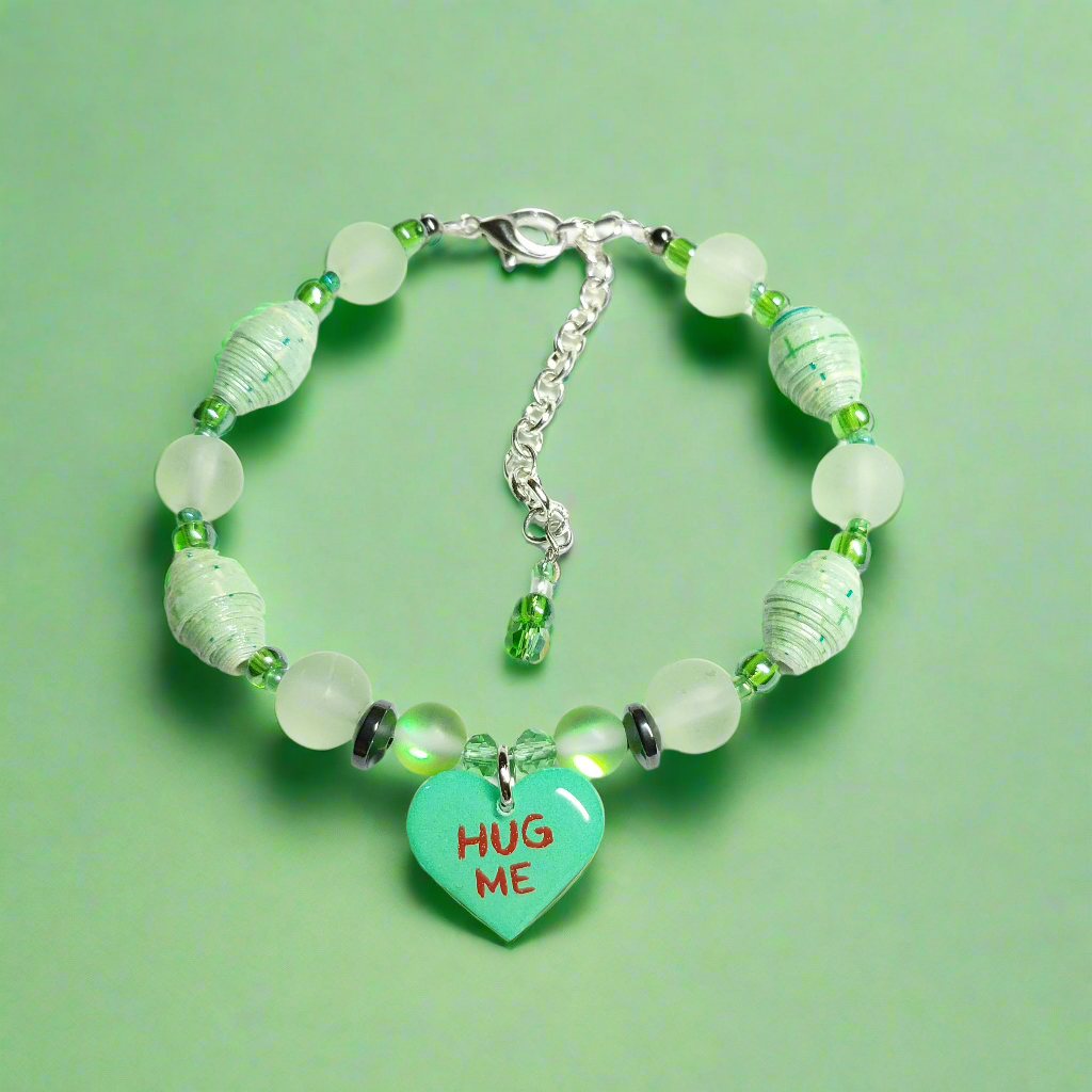 Adjustable Green Hug Me Valentine Bracelet With Handmade Paper Beads and Glass Beads