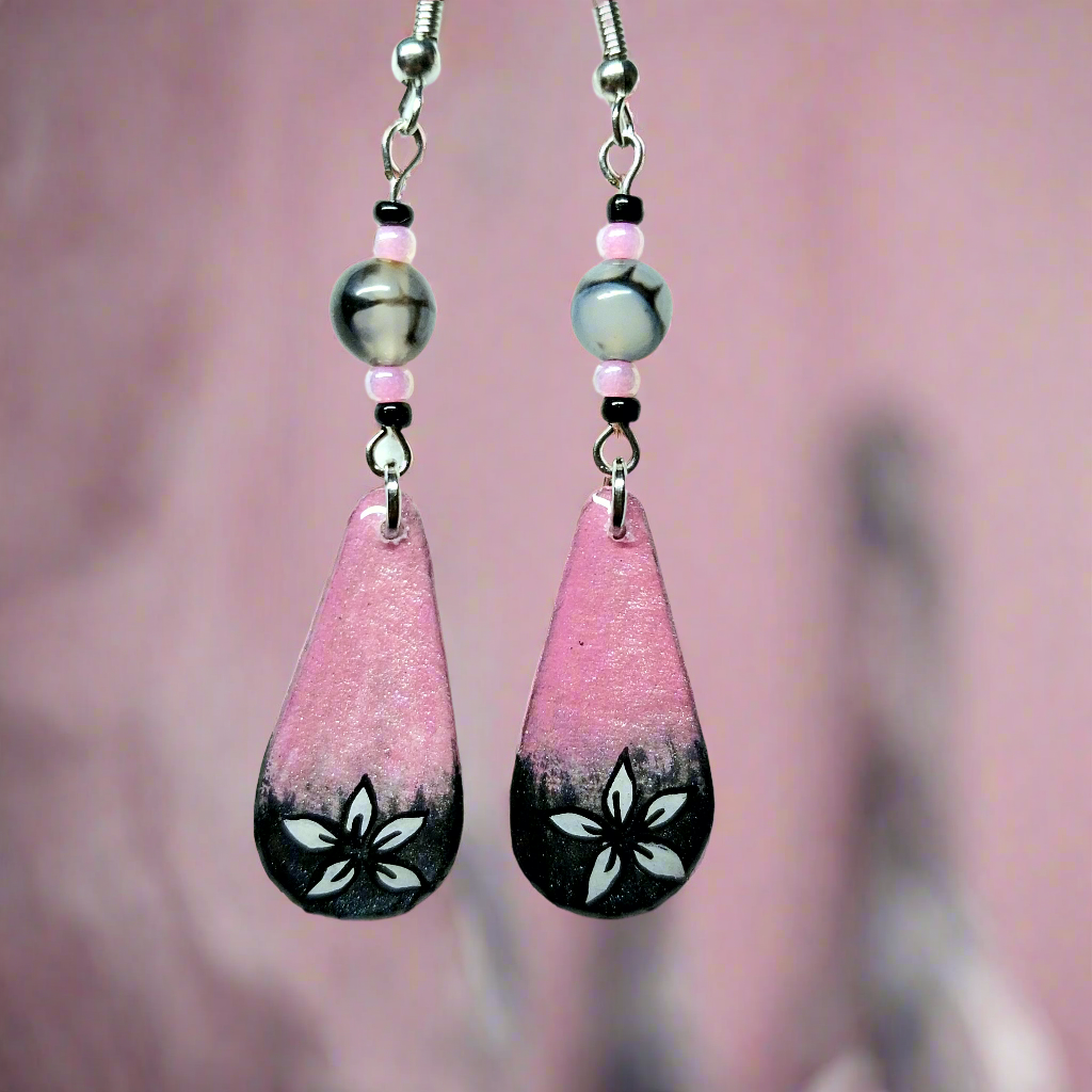 Pinky Boo Hand-painted Ghost Earrings With Dragon Vein Agate Beads