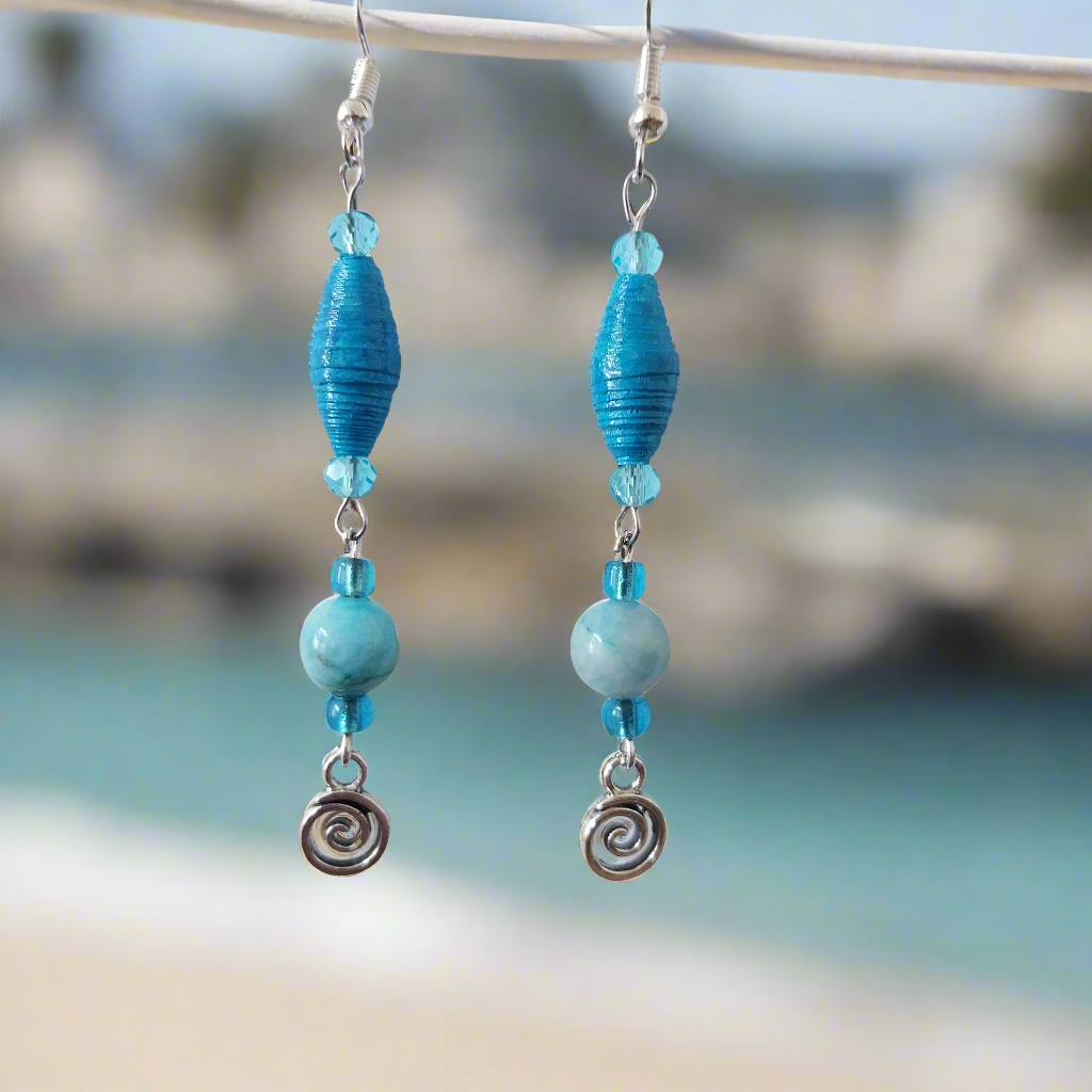 Spiral Earrings With Turquoise Handmade Paper Beads and Blue Aventurine