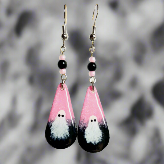 Pinky Boo Hand-painted Ghost Earrings With Black Glass Beads