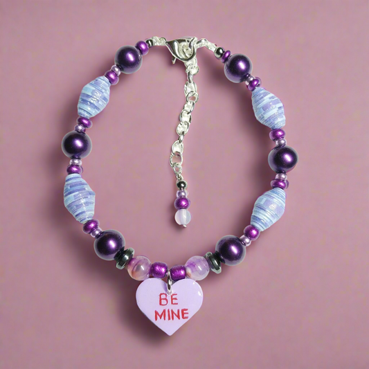 Adjustable Purple Valentine Be Mine Bracelet With Handmade Paper Beads and Glass Beads