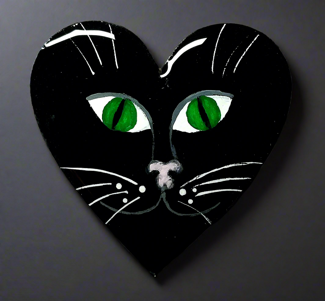 Hand-painted Wood and Resin Green Eyed Cat Magnet