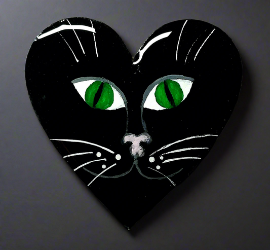 Hand-painted Wood and Resin Green Eyed Cat Magnet