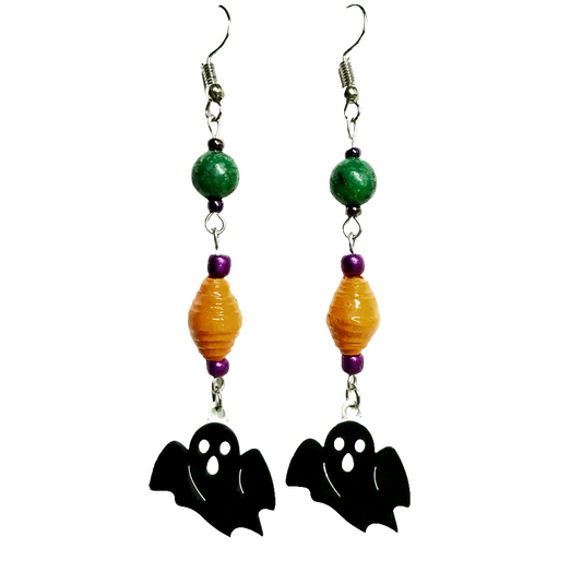 Ghost Earrings With Orange Handmade Paper Beads and Stone Beads