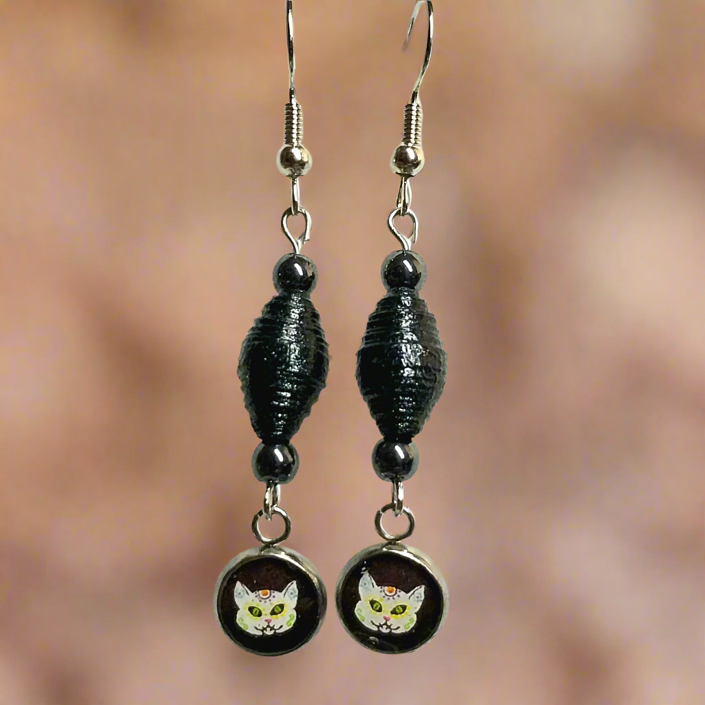 Dia De Los Muertos Cat Earrings With Handmade Black Paper Beads and Hematite