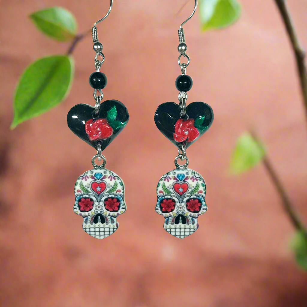 Abuelitas Sugar Skull Earrings With Handmade Hearts