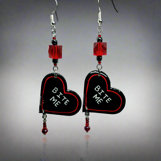 Bite Me Heart Earrings With  Red Glass Beads