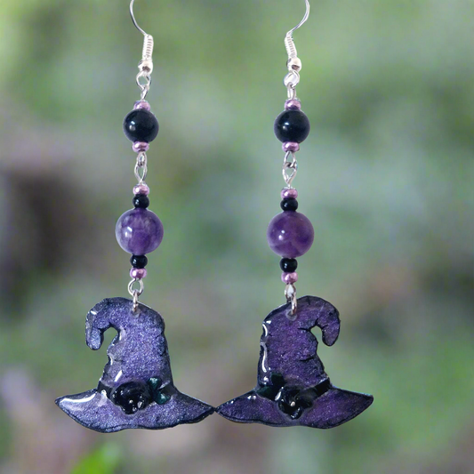 Handmade Purple Witch Hat Earrings With Amethyst Glass Beads