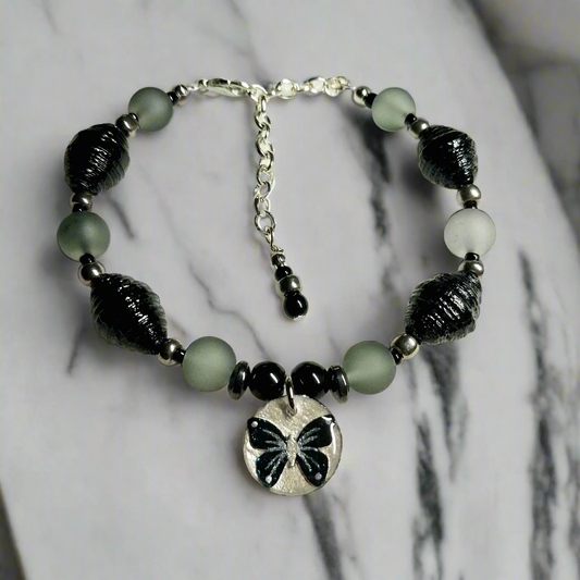 Adjustable Black Butterfly Bracelet With Handmade Paper Beads and Glass Beads