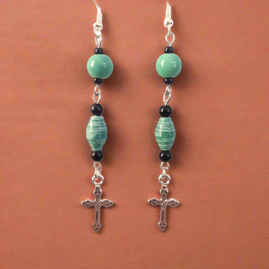 Cross Earrings With Turquoise Colored Handmade Paper Beads and Glass Beads