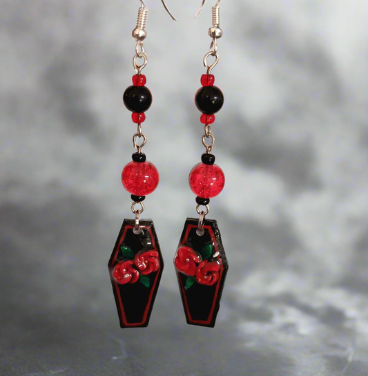 Handmade Red Flower Coffin Earrings With Silver Colored Glass Beads