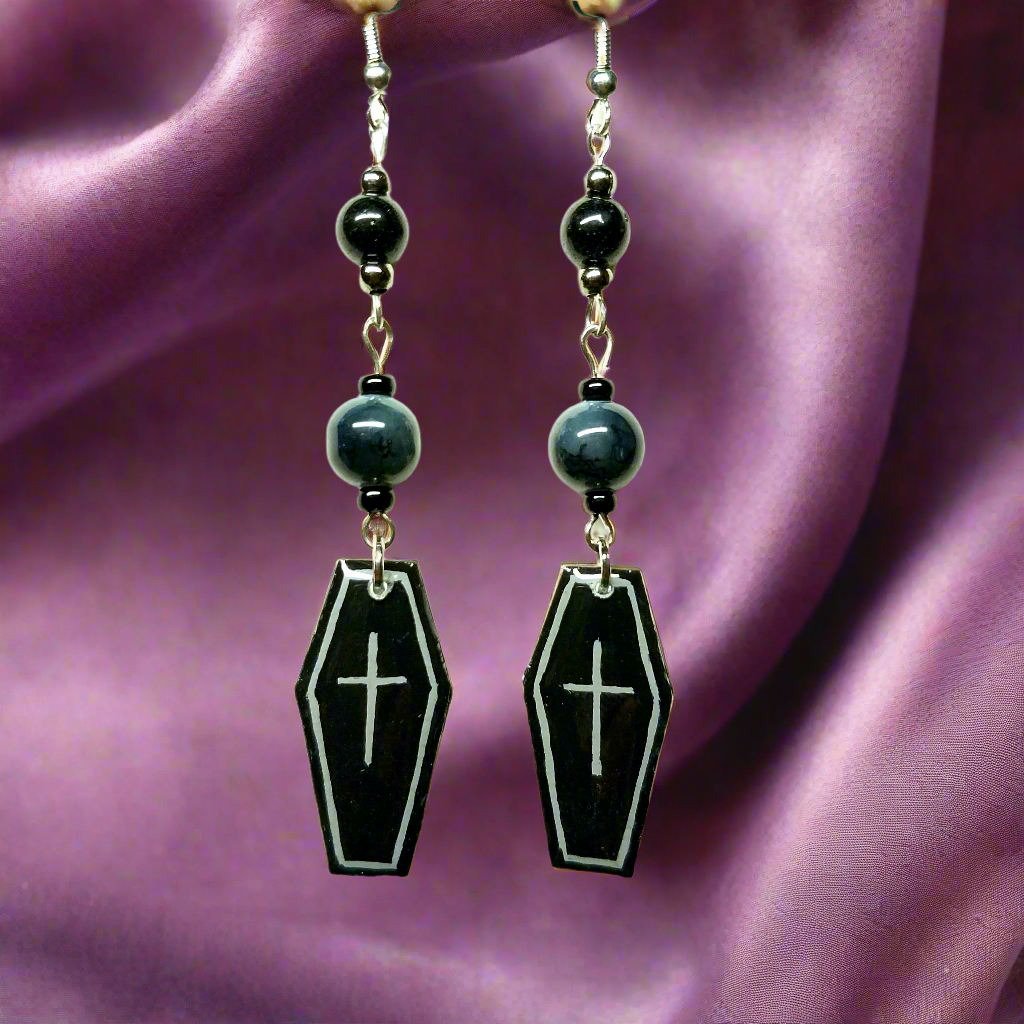 Handmade Grey Flower Coffin Earrings With Amethyst Colored Glass Beads