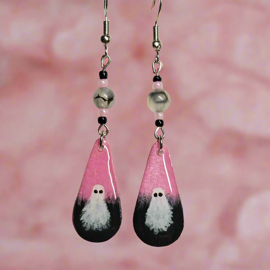 Pinky Boo Hand-painted Ghost Earrings With Dragon Vein Agate Beads