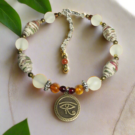 Adjustable Eye of Horus Bracelet With Multicolored Striped Handmade Paper Beads and Glass Beads