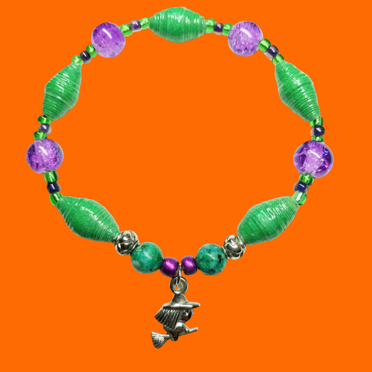 Bracelet With Witch, Green Handmade Paper Beads, and Glass Beads