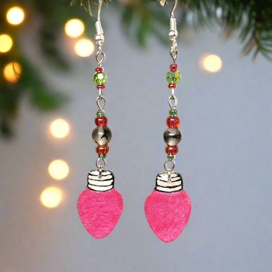 Hand-painted Red Christmas Bulb Earrings With Dragon Vein Agate And Glass Beads