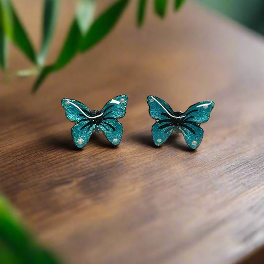 Teal Blue Butterfly Stud Earrings