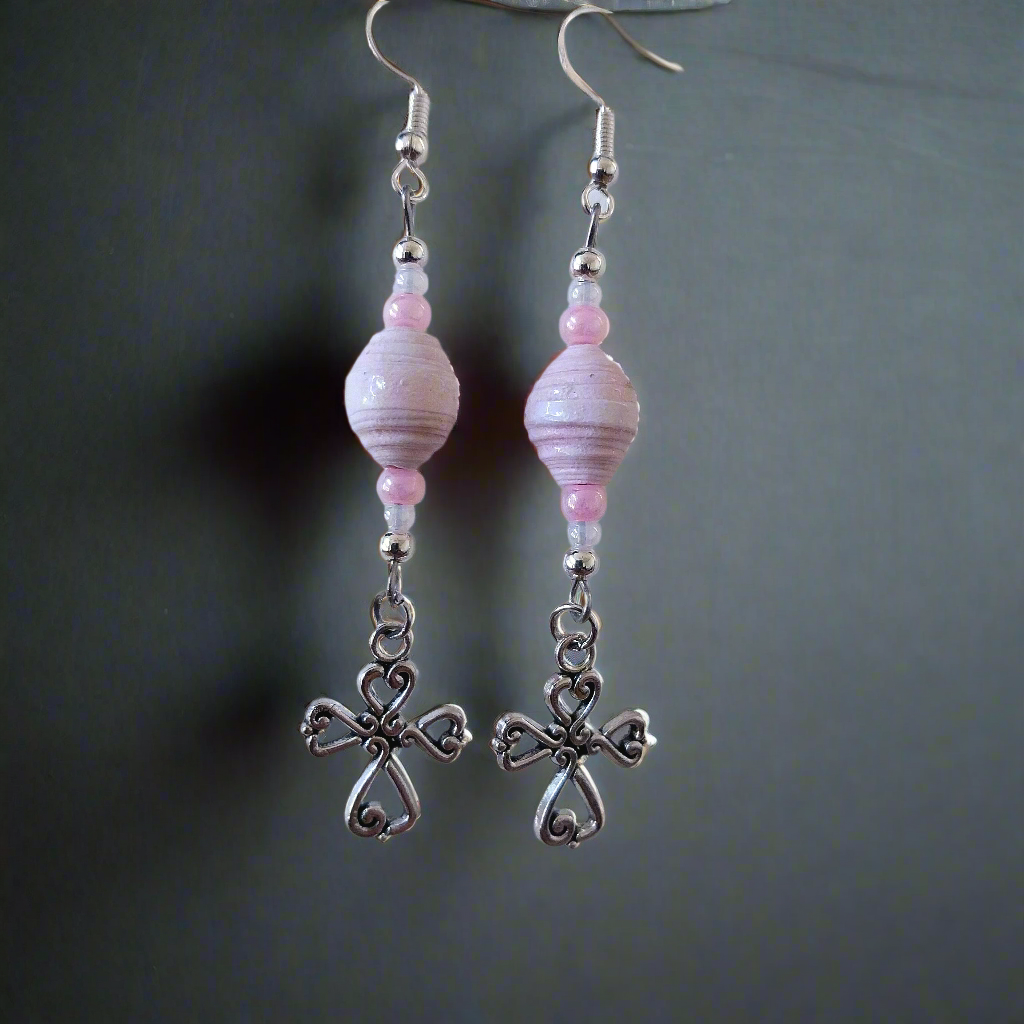 Cross Earrings With Pastel Pink Handmade Paper Beads and Glass Beads