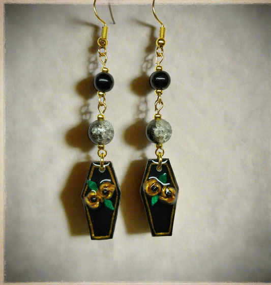 Handmade Gold Flower Coffin Earrings With Crackled Glass Beads