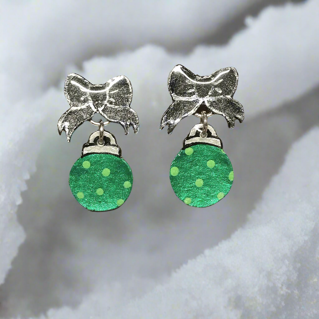 Hand-painted Green Christmas Ornament And Bow Stud Earrings