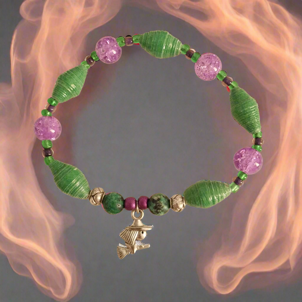 Bracelet With Witch, Green Handmade Paper Beads, and Glass Beads