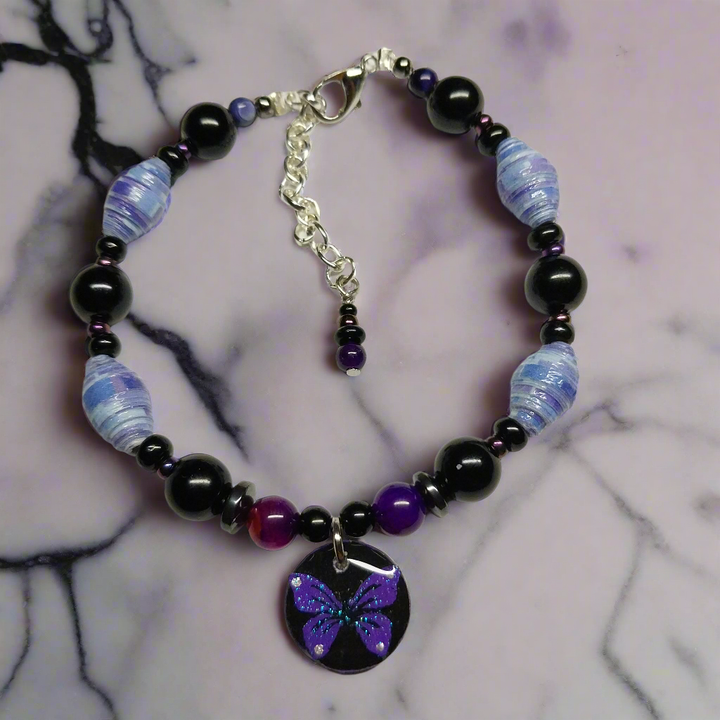 Adjustable Purple Butterfly Bracelet With Handmade Paper Beads and Glass Beads