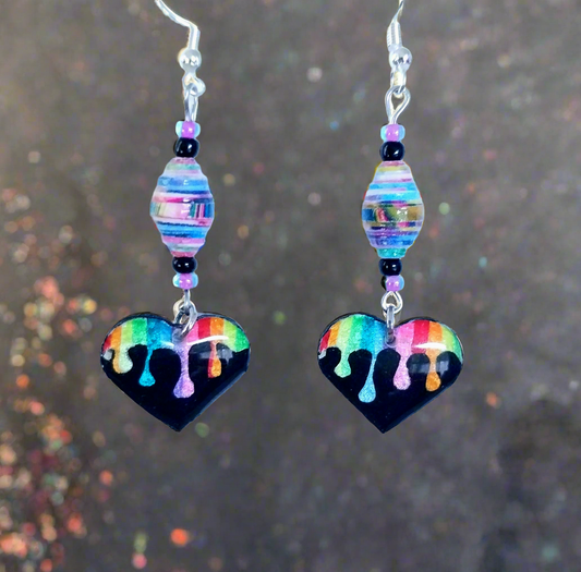 Dripped Rainbow Heart Earrings With Rainbow Colored Handmade Paper Beads and Glass Beads