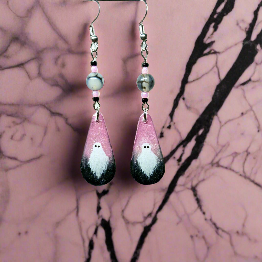 Pinky Boo Hand-painted Ghost Earrings With Dragon Vein Agate Beads