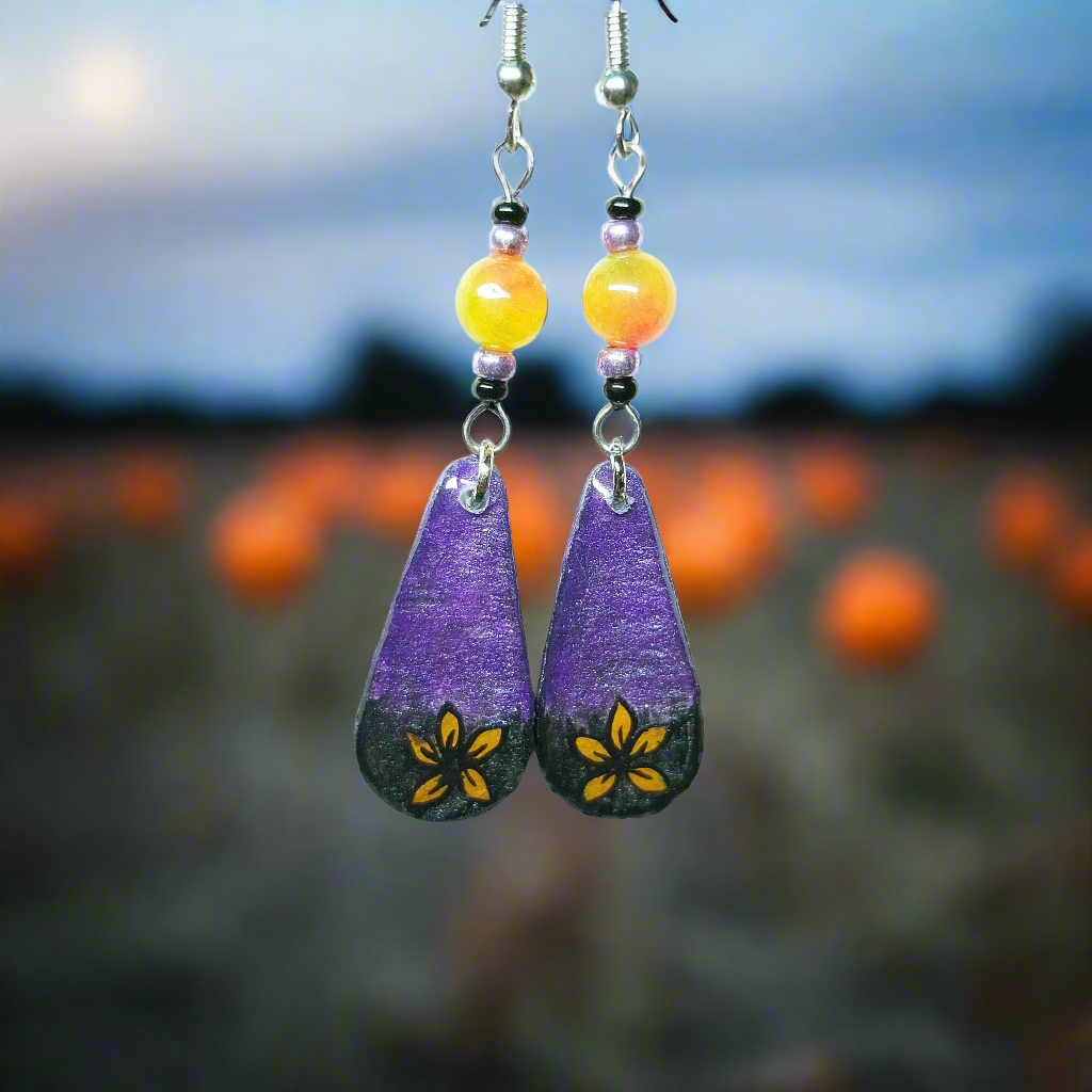 Jack-o-lantern Hand-painted Earrings With Peacock Agate Beads