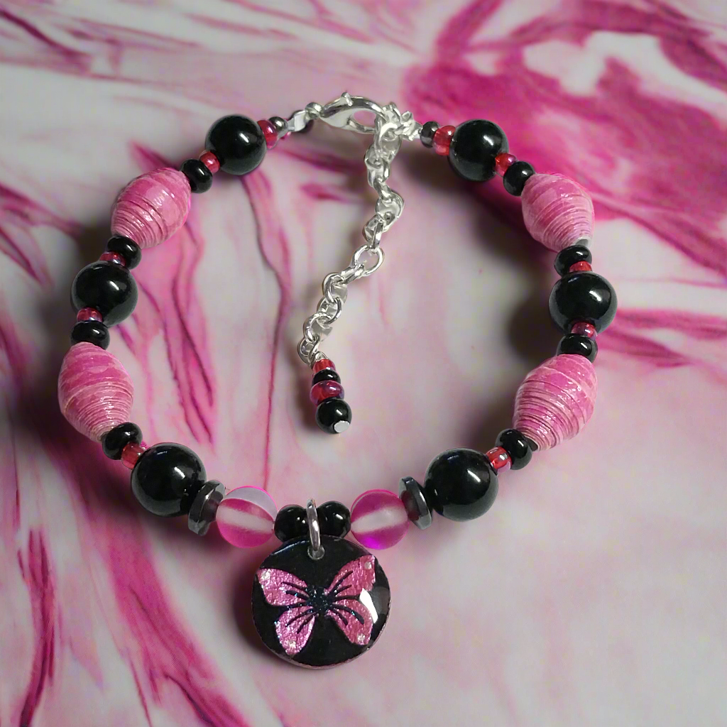 Adjustable Magenta Butterfly Bracelet With Handmade Paper Beads and Glass Beads