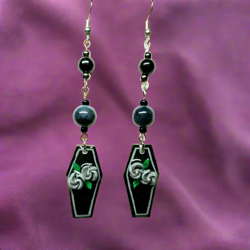 Handmade Grey Flower Coffin Earrings With Amethyst Colored Glass Beads