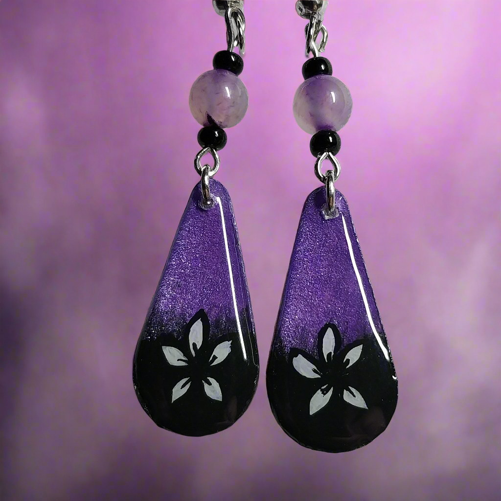 Night Sky Haunt Hand-painted Ghost Earrings With Purple Banded Agate Beads