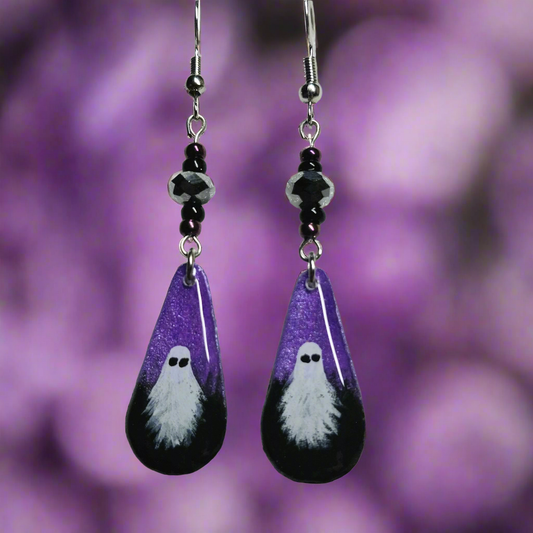 Night Sky Haunt Hand-painted Ghost Earrings With Glass Beads