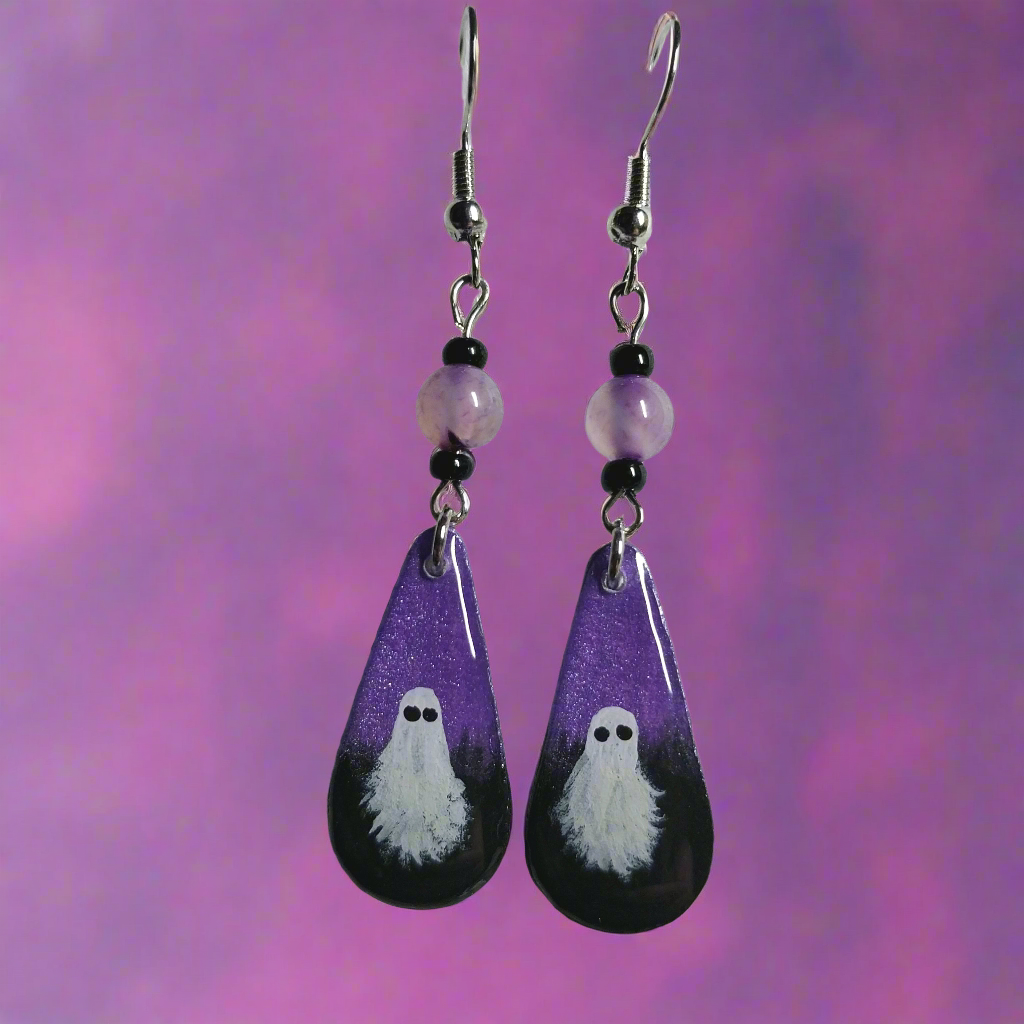 Night Sky Haunt Hand-painted Ghost Earrings With Purple Banded Agate Beads
