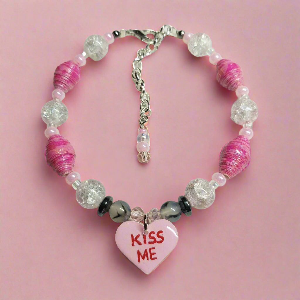 Adjustable Pink Kiss Me Valentine Bracelet With Handmade Paper Beads and Glass Beads