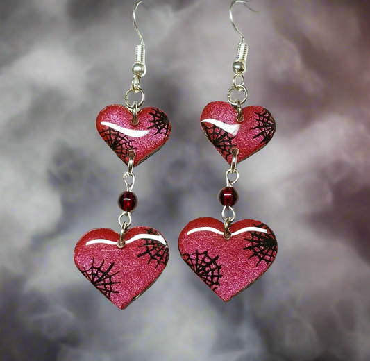 Spiderweb Heart Earrings With Garnet Colored Glass Beads