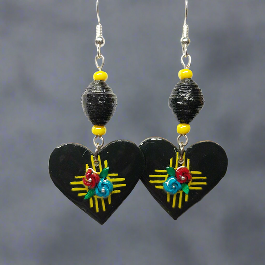 Zia Heart Earrings With Handmade Black Paper Beads