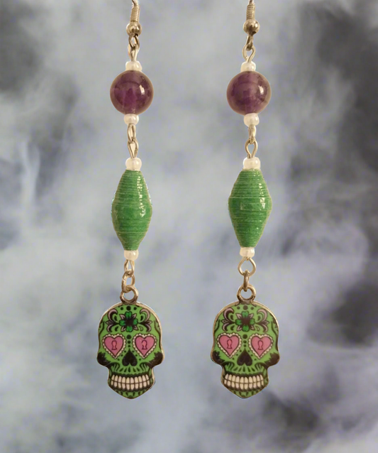 Skull Earrings With Green Handmade Paper Beads and Glass Beads