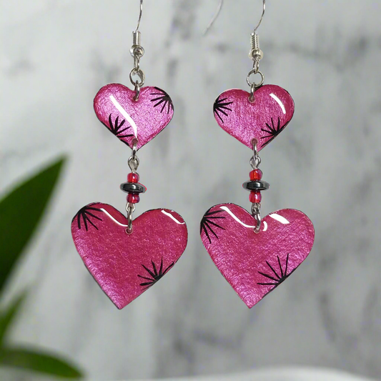 Handmade Starburst Pink Tourmaline Heart Earrings With Hematite And Glass Beads