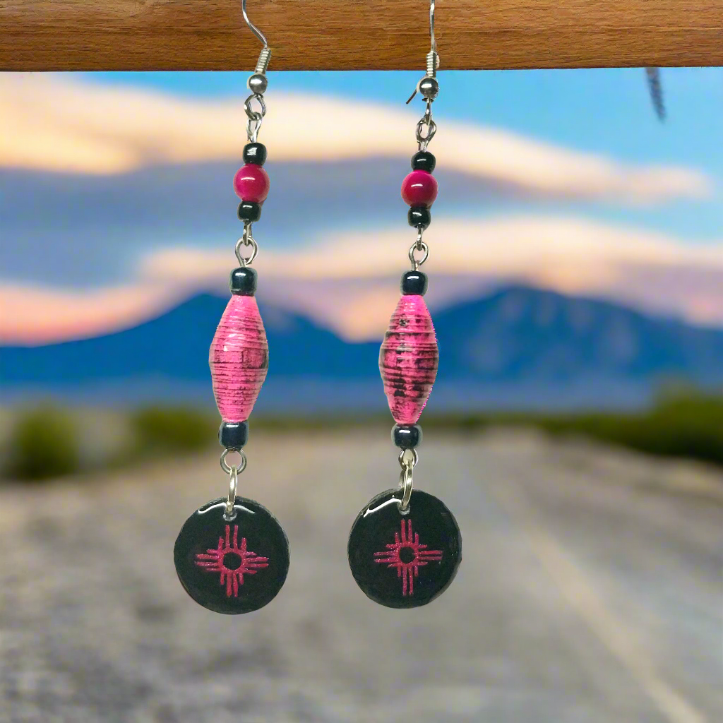 Zia Earrings With Pink Handmade Paper Beads and Pink Tiger's Eye Stone Beads